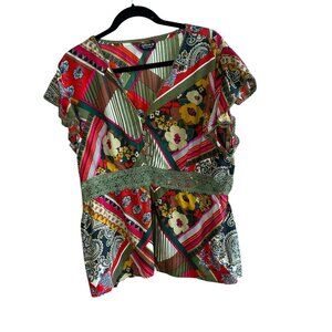 Natura Vintage Boho Colorful Patchwork V Neck Empire Waist Blouse